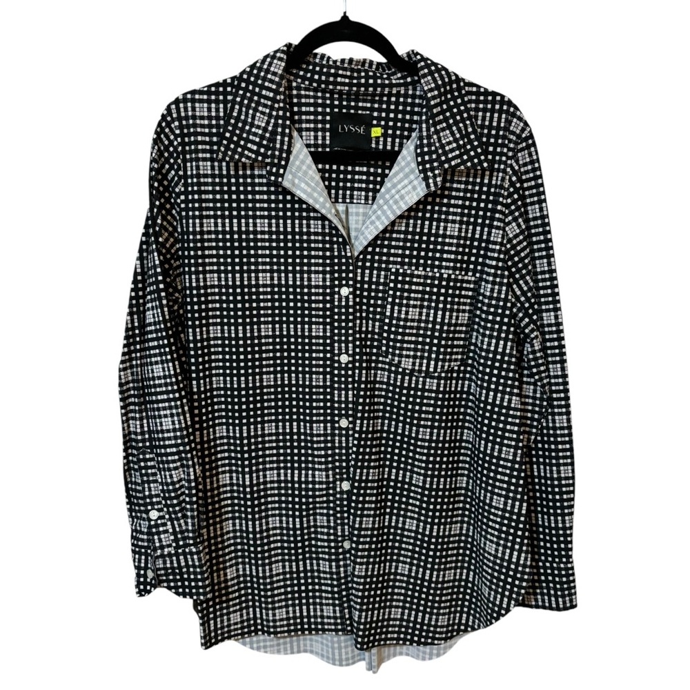 Lysse‎ Women's XL Plaid Schiffer Button Up Black White Pocket Long Sleeve